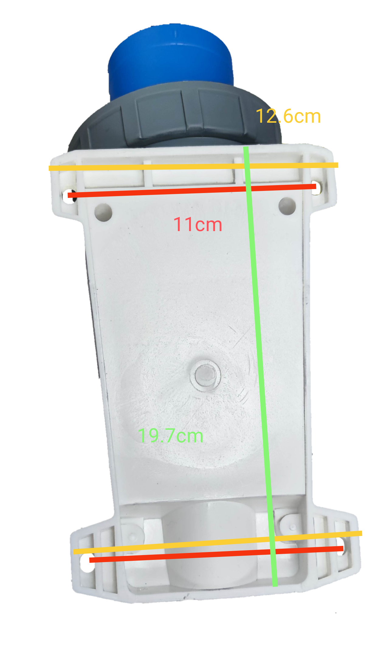 Grippes Industrial Plug Wall Type 63a 3 Pins in white and blue with detailed dimensions