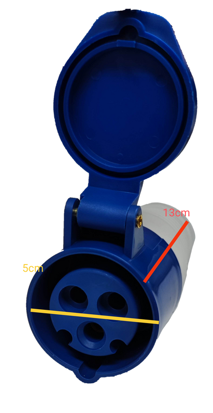 Grippes industrial power connector 213 blue power plug with hinged protective cover and three round pin sockets