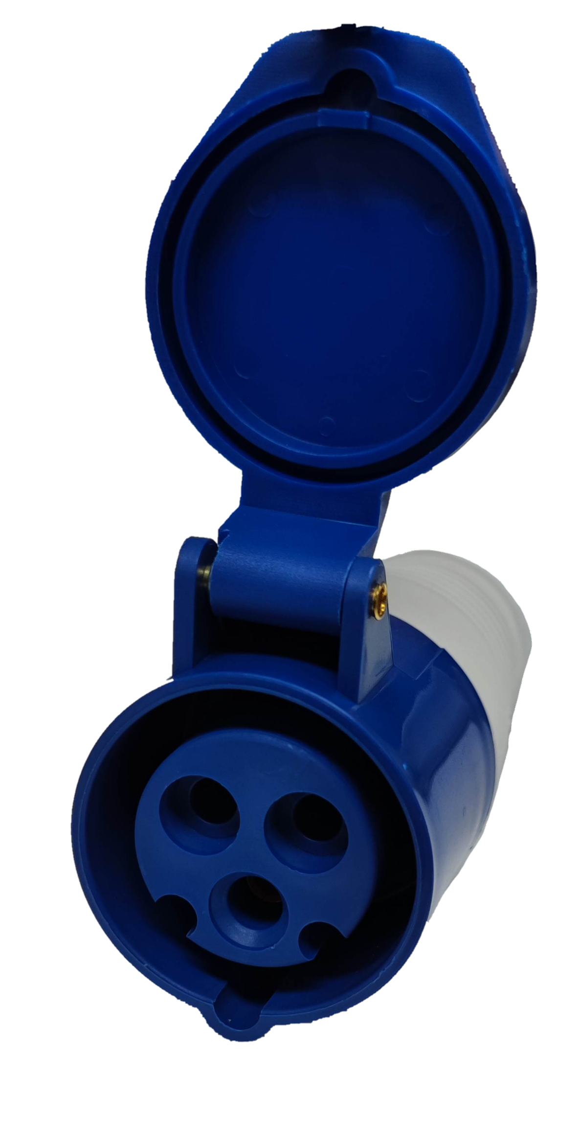 Grippes industrial power connector 213 blue and white with hinged protective cover open