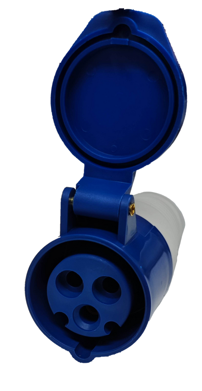 Grippes industrial power connector 213 blue and white with hinged protective cover open