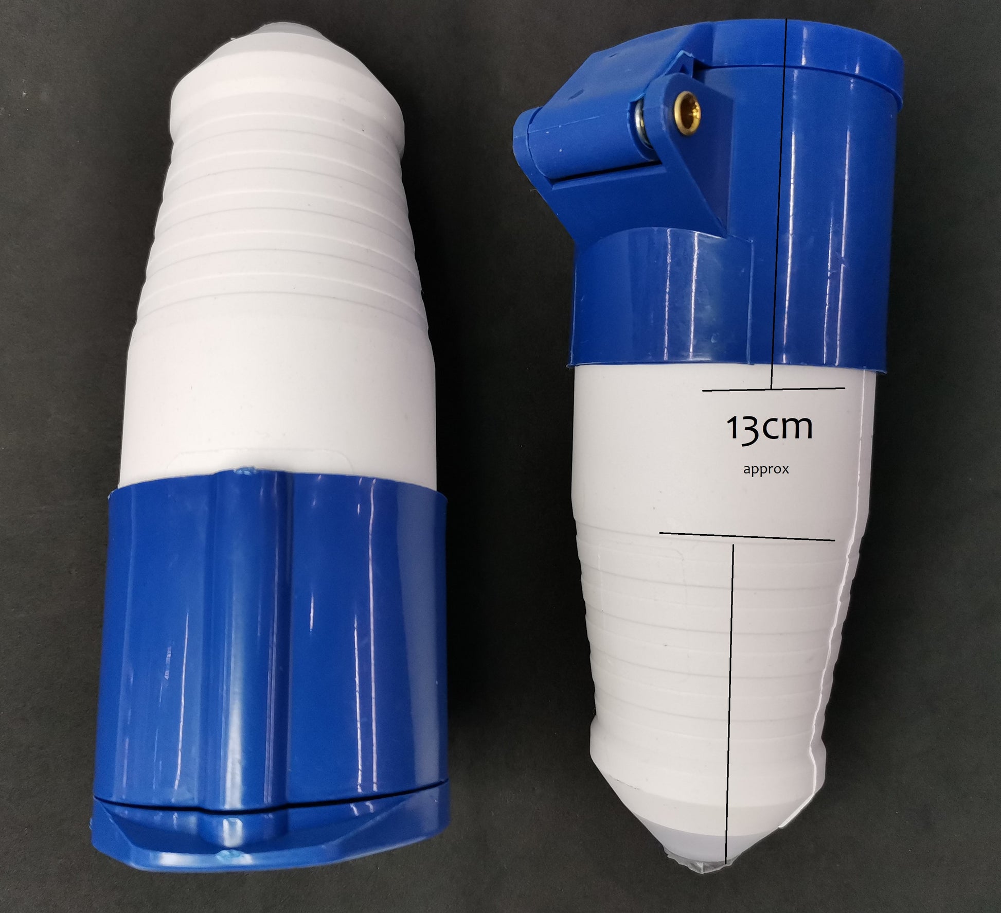 Grippes industrial power connector 213 in blue and white showing front and side views on black background