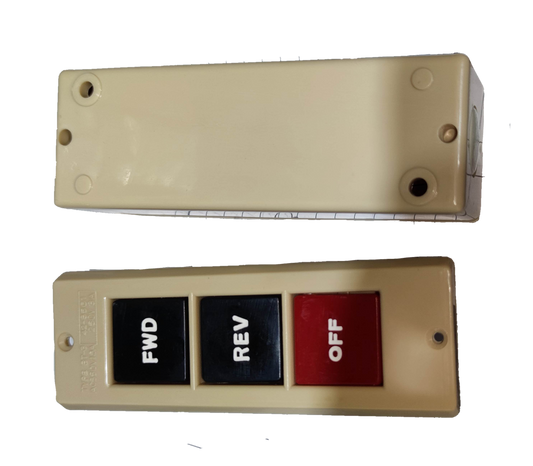Auspicious industrial push button switch with FWD REV and OFF buttons in beige casing