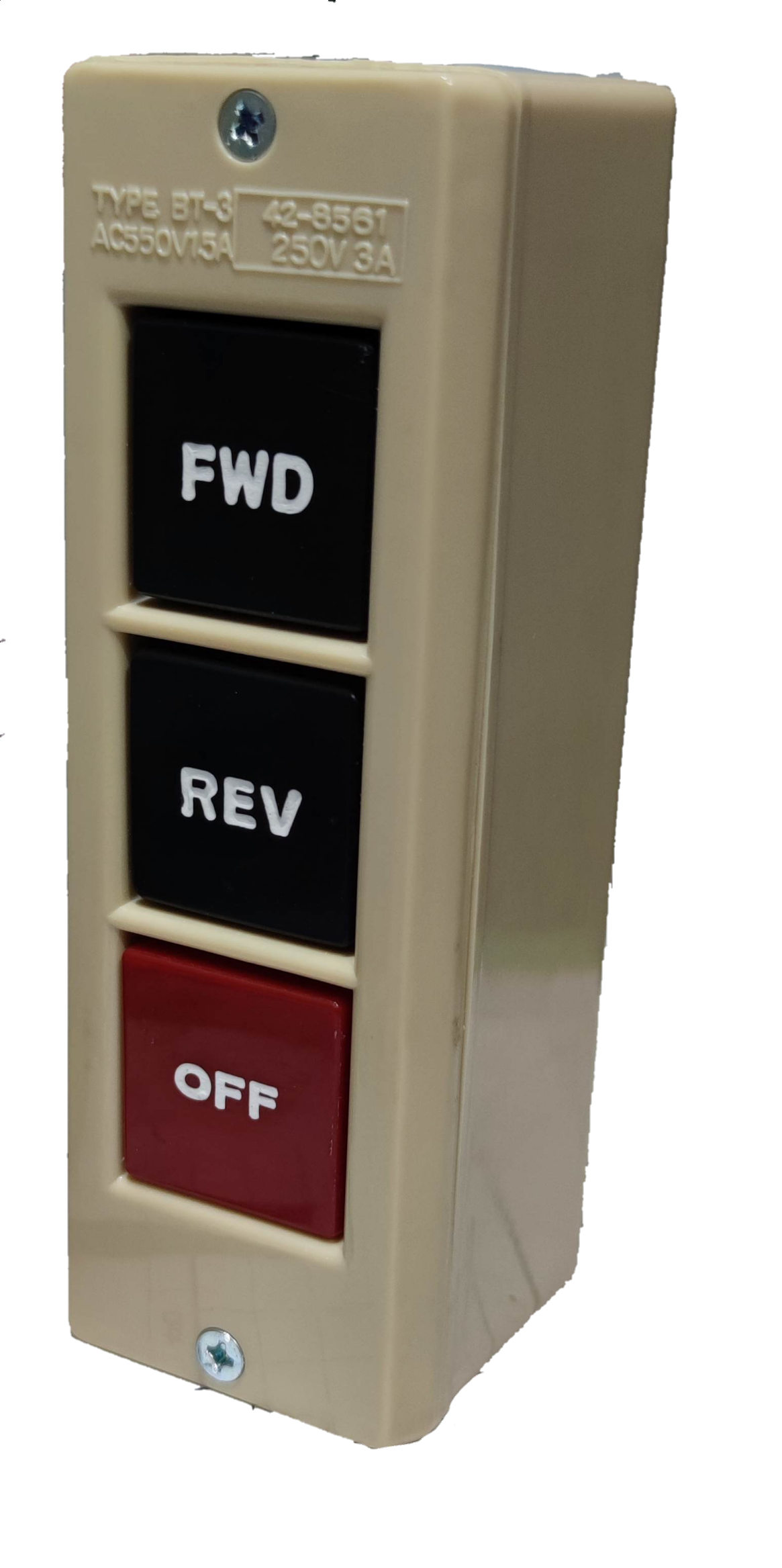 Auspicious industrial push button switch with black FWD and REV buttons and red OFF button