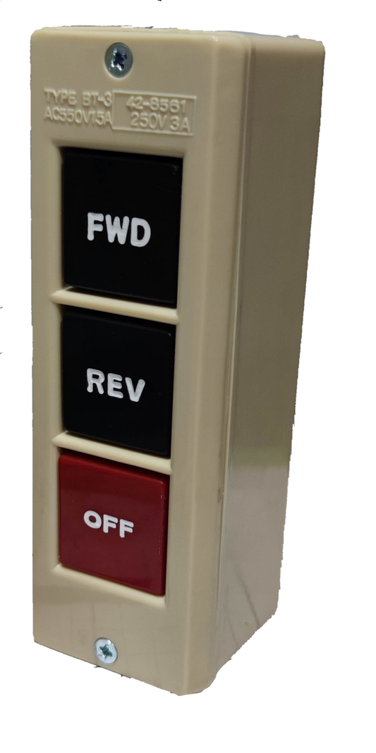 Auspicious industrial push button switch with black FWD and REV buttons and red OFF button