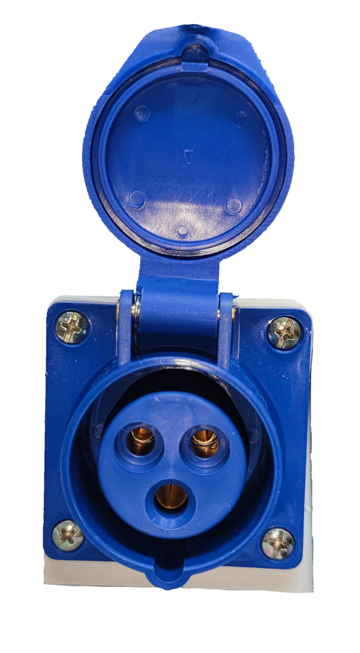 Grippes blue industrial wall outlet 16A with protective hinged cover and three-pin socket