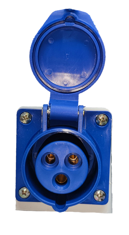 Grippes blue industrial wall outlet 16A with protective hinged cover and three-pin socket
