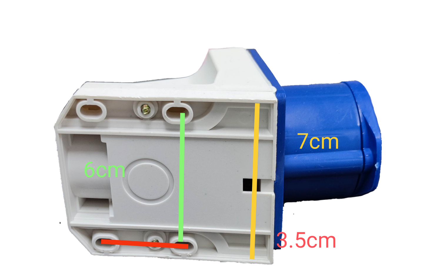 Grippes industrial wall outlet 16A in white and blue with detailed measurements for power points and plugs