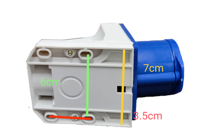 Grippes industrial wall outlet 16A in white and blue with detailed measurements for power points and plugs