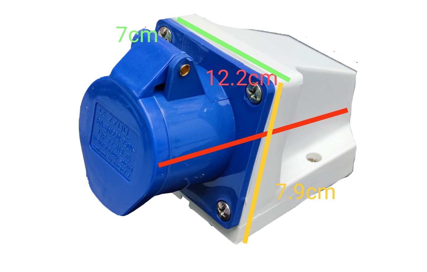 Grippes industrial wall outlet 16A with blue protective cover and white mounting base