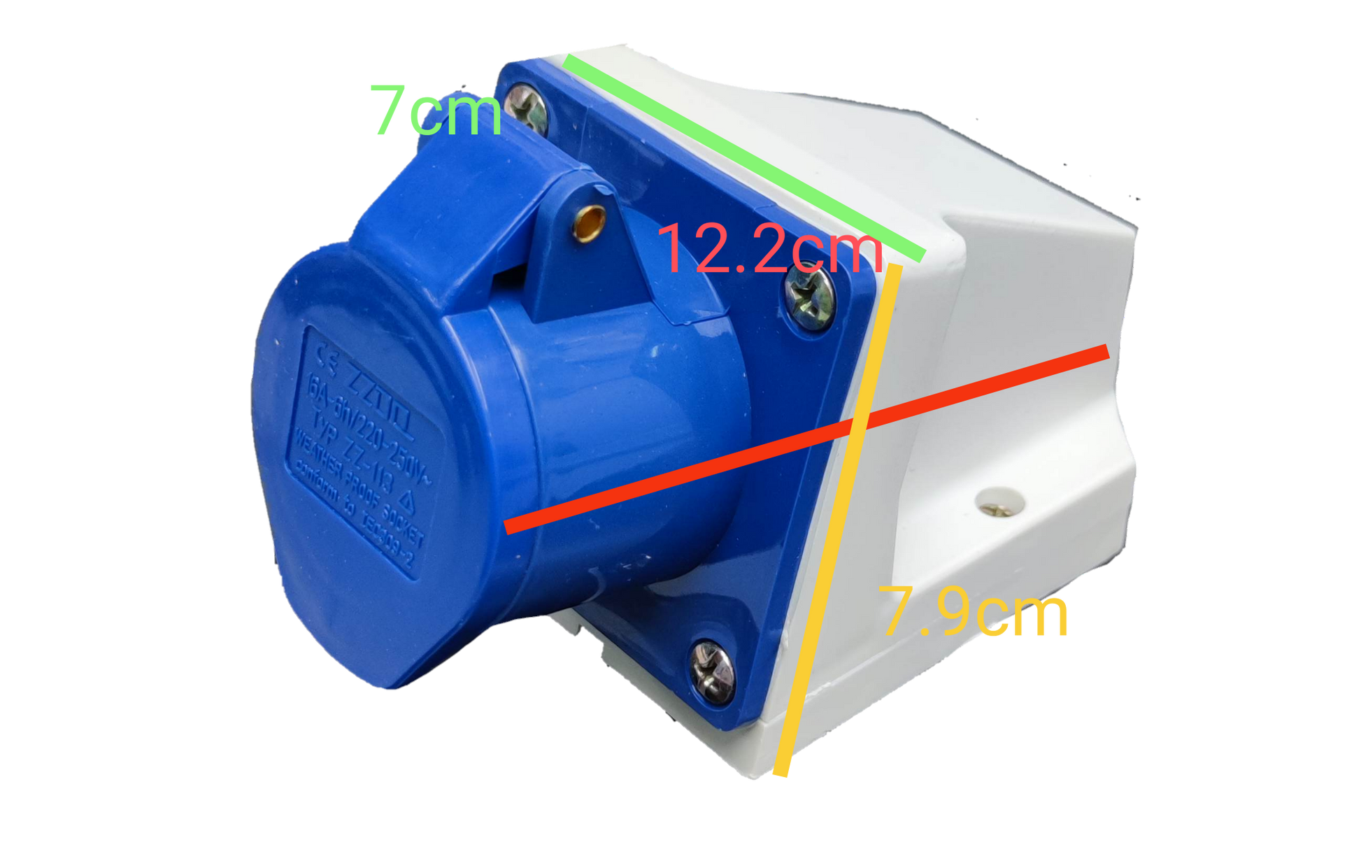 Grippes industrial wall outlet 16A with blue protective cover and white mounting base