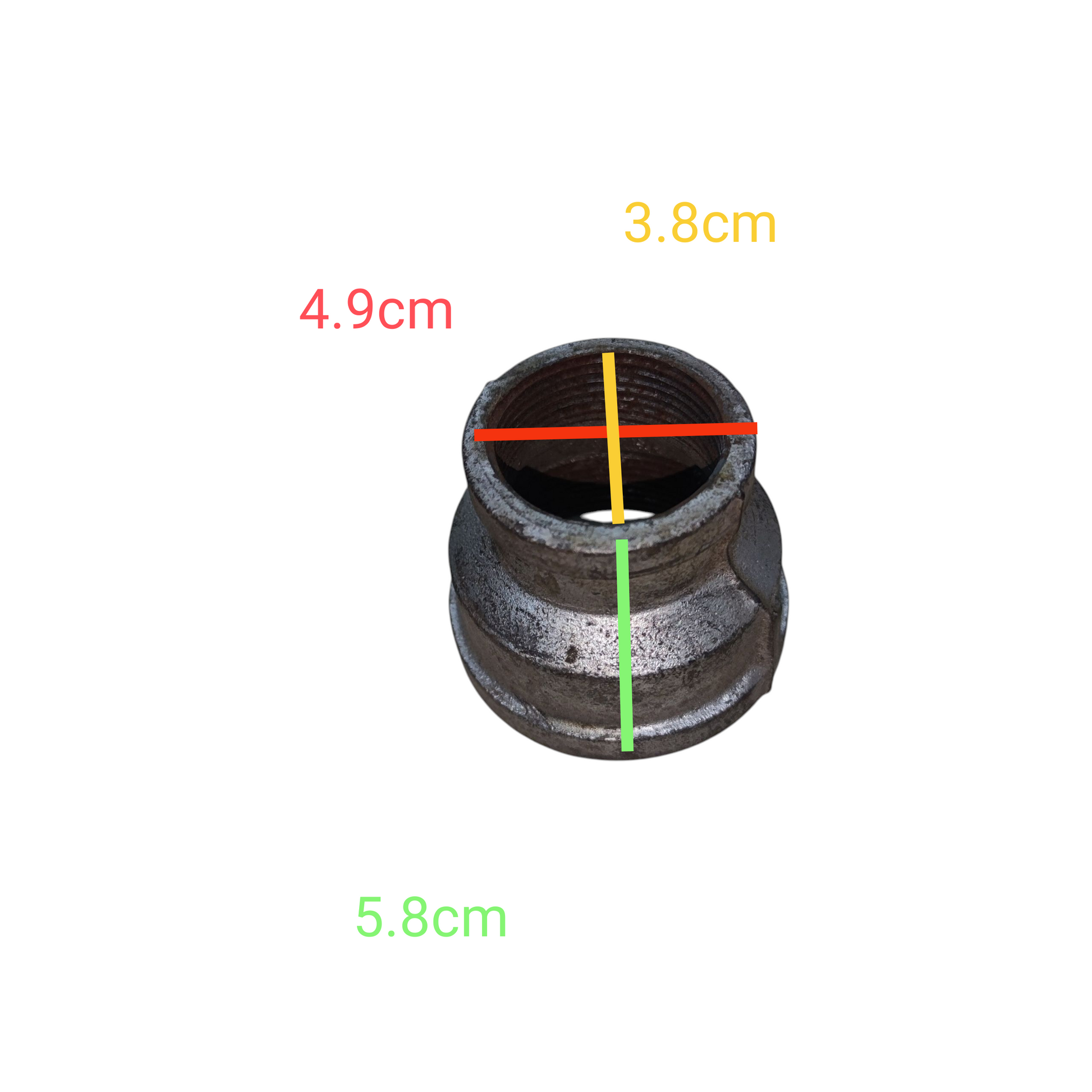 Water Pipe Reducer 2 Inches Female metal pipe fitting with threaded reducer showing measurements 3.8cm 4.9cm 5.8cm from China