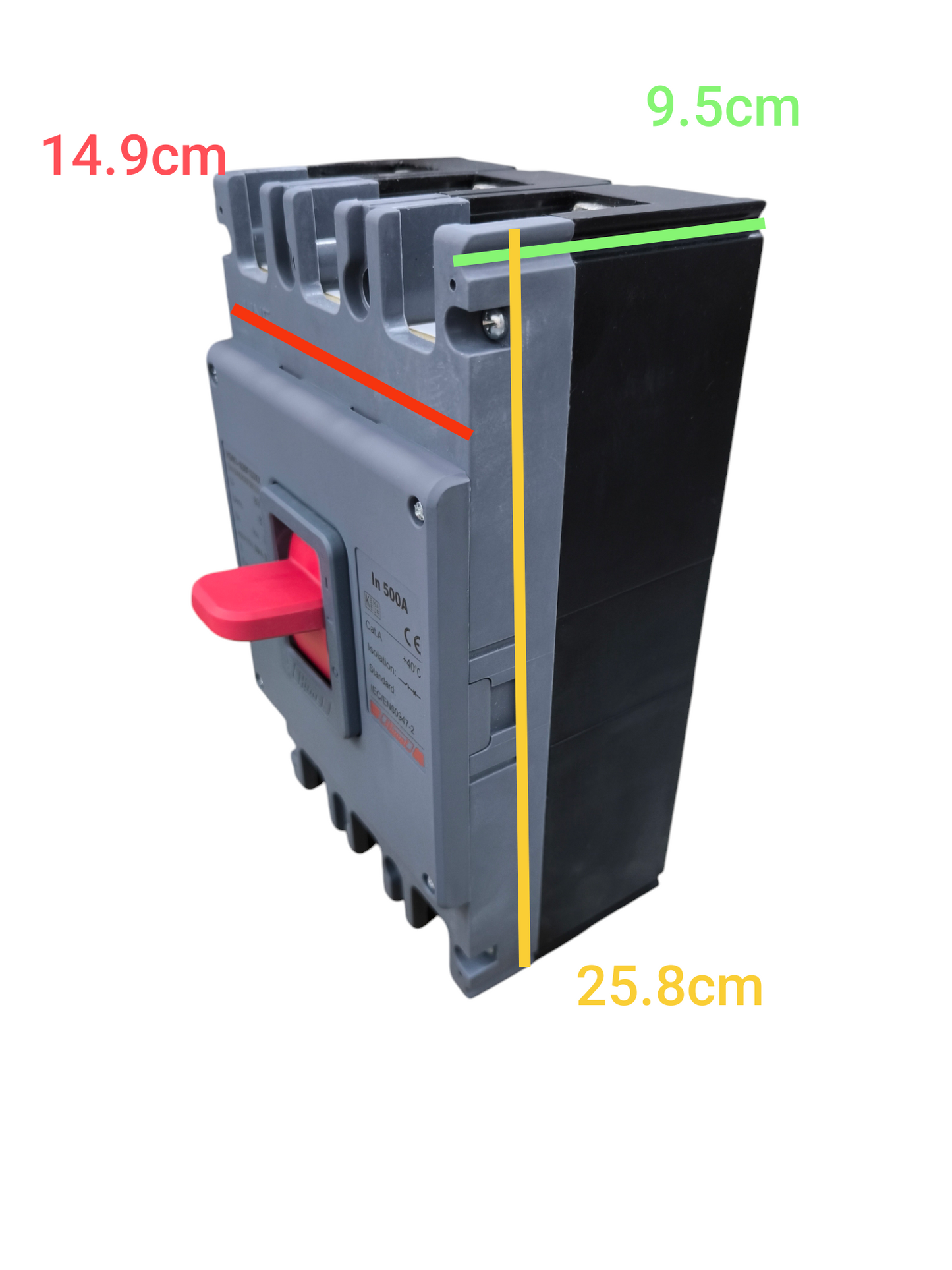 Himel 500A 3Pole Industrial Circuit Breaker with red switch and grey casing showing dimensions