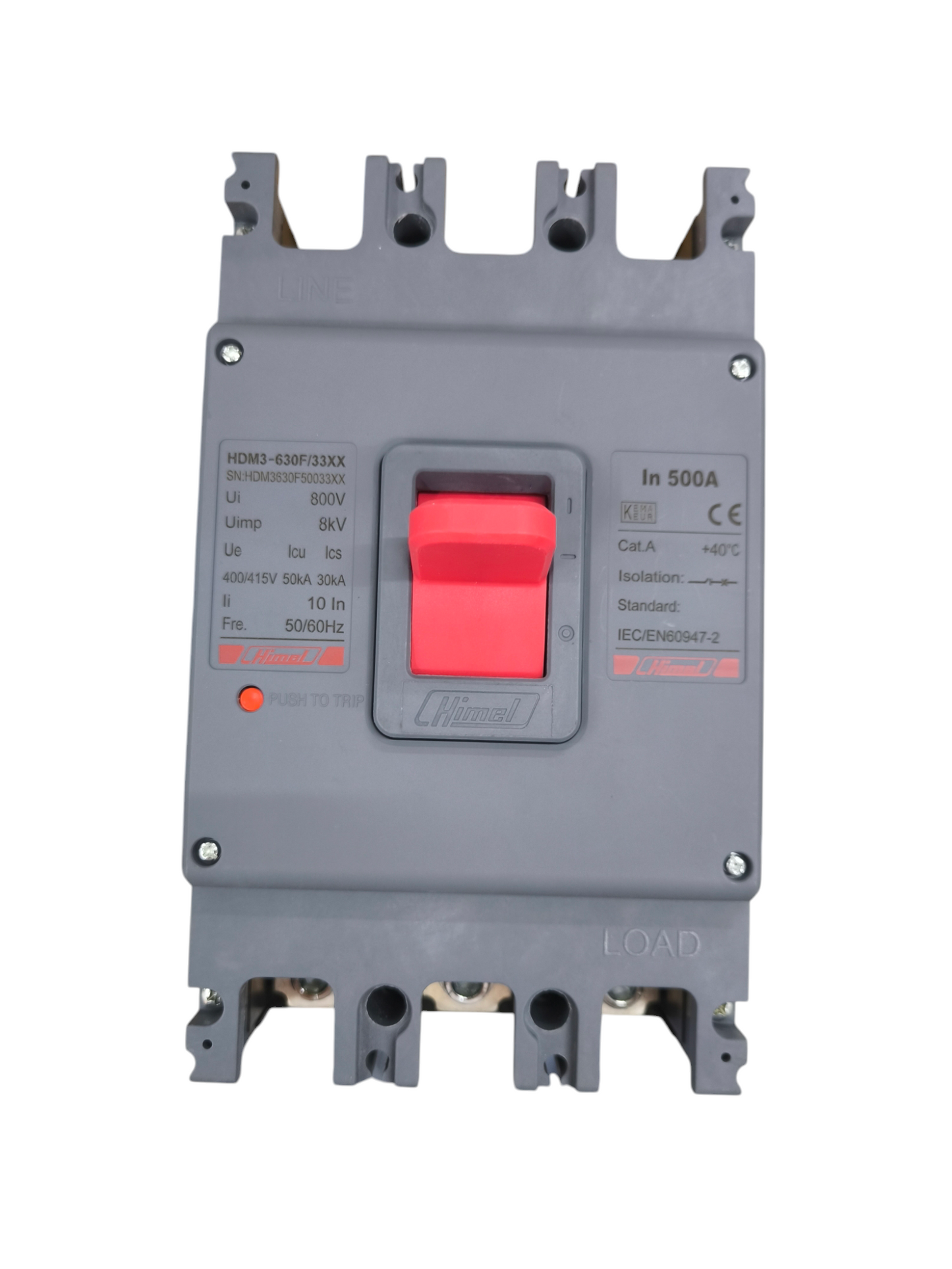 Himel 500A 3Pole Industrial Circuit Breaker with red switch and gray casing for electrical protection