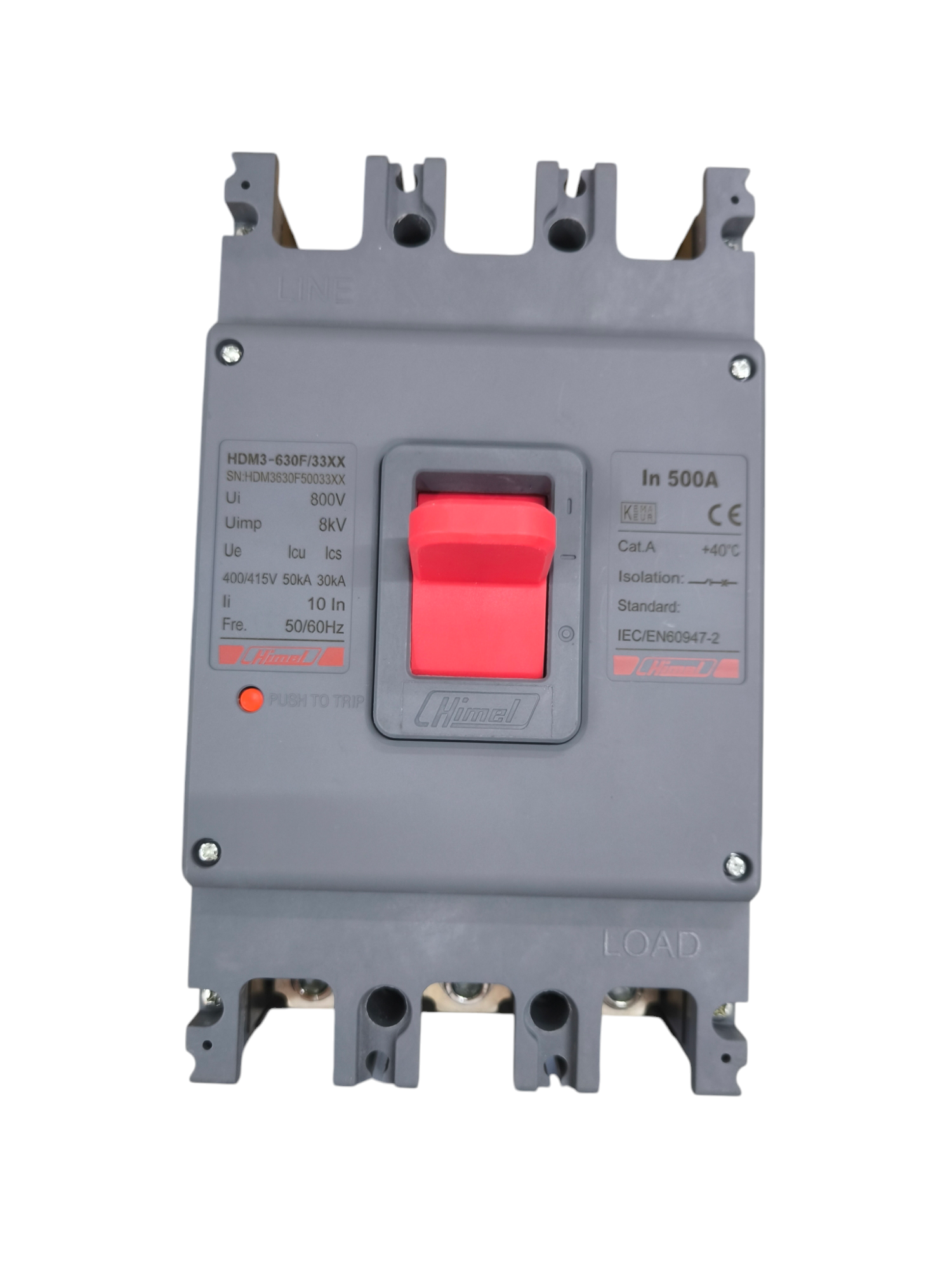 Himel 500A 3Pole Industrial Circuit Breaker with red switch and gray casing for electrical protection