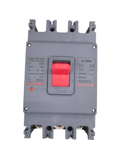 Himel 500A 3Pole Industrial Circuit Breaker with red switch and gray casing for electrical protection