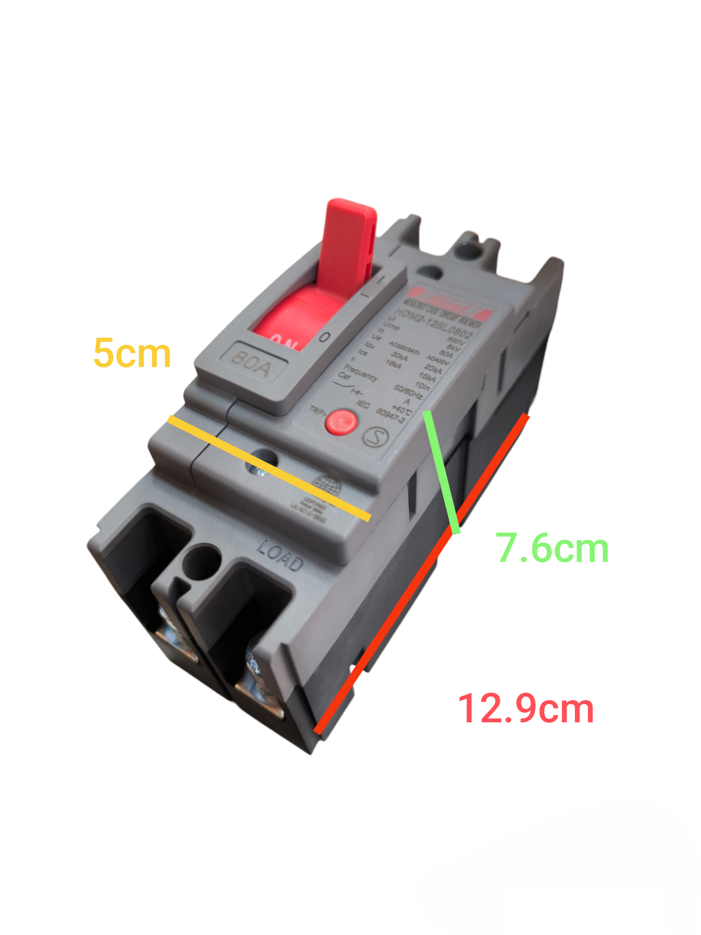 Himel 80A 2 Pole Industrial Circuit Breaker with dimensions 12.9 cm by 7.6 cm by 5 cm in gray and red
