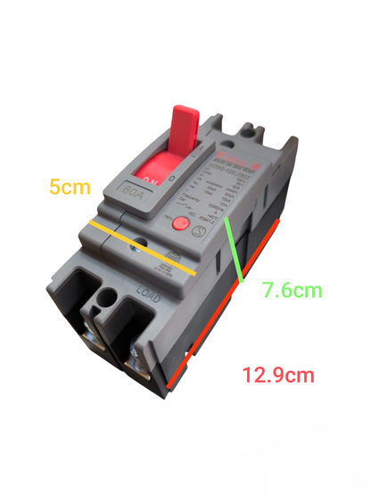 Himel 80A 2 Pole Industrial Circuit Breaker with dimensions 12.9 cm by 7.6 cm by 5 cm in gray and red