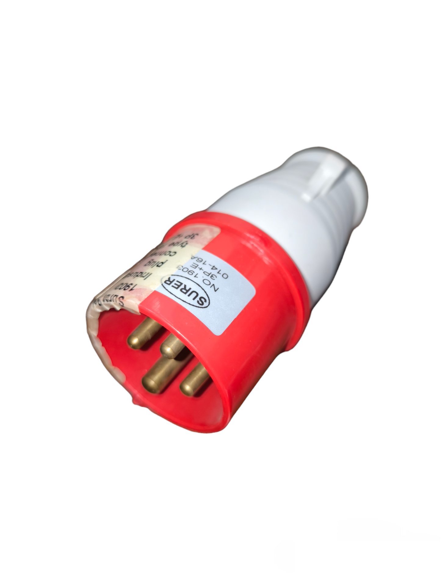 Surer 220V AC Industrial Plug with red and white casing and brass pins for electrical connections