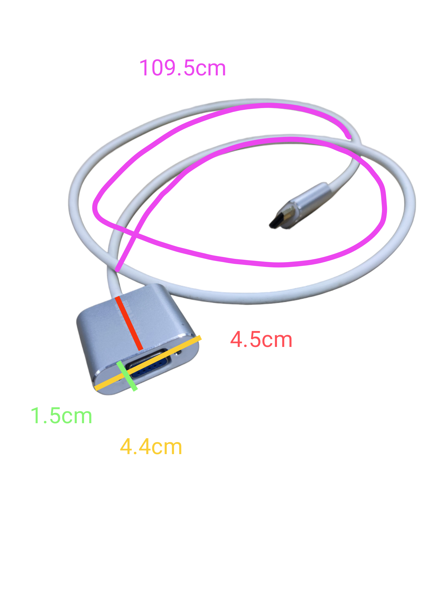 Plug 1.4V to VGA Outlet Converter cable with silver adapter and white cord measuring 109.5 cm