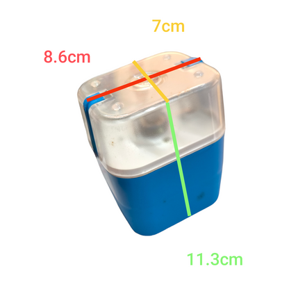 Instalux Camping Gas International Vintage lantern with blue base and clear top showing dimensions