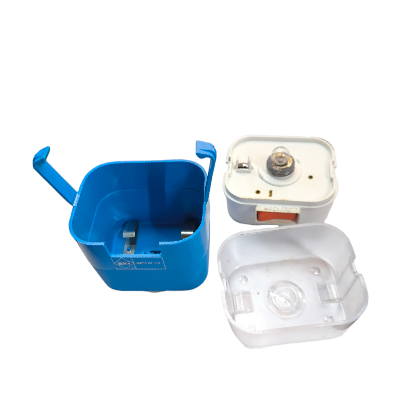 Instalux Camping Gas International Vintage blue and white lantern parts on white background