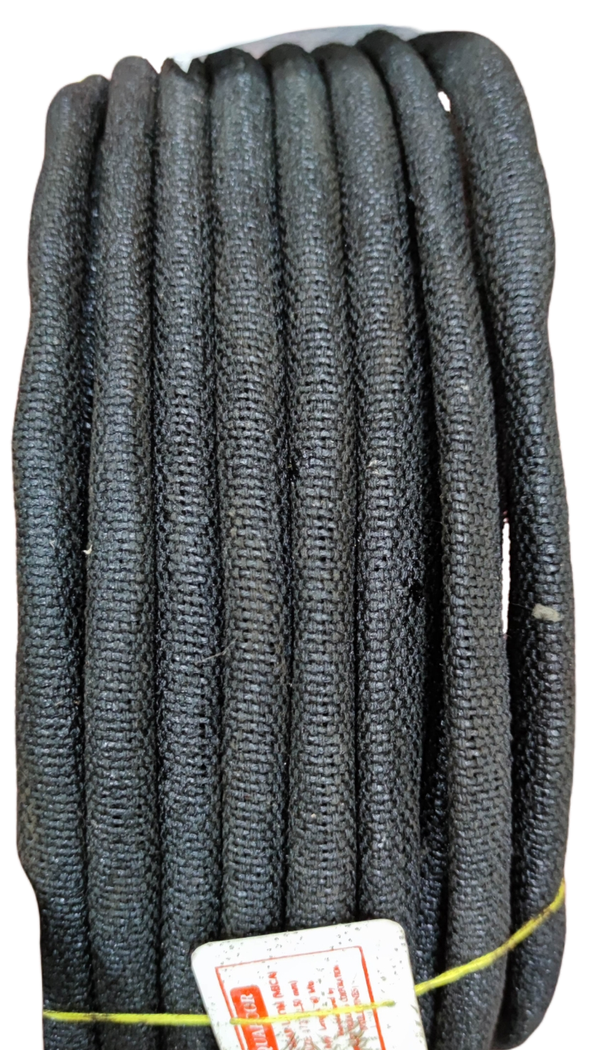 Coil of black braided mica electrical insulation tubing for high temperature wire protection