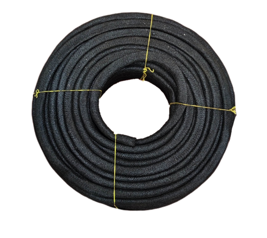Local vendor coil of black mica electrical insulation tubing rolled in a circular spool bound with yellow ties