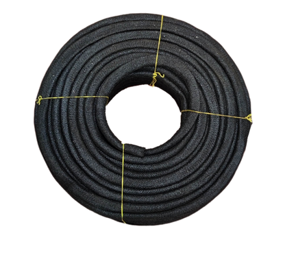 Local vendor coil of black mica electrical insulation tubing rolled in a circular spool bound with yellow ties