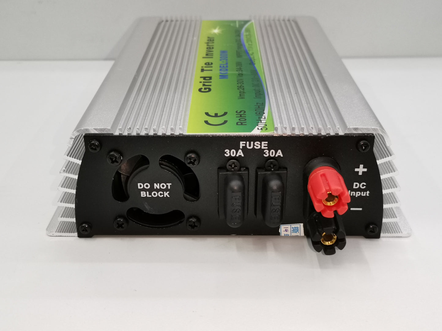 Grippes Inverter Grid Tie 300W with dual 30A fuses and DC input terminals in silver casing
