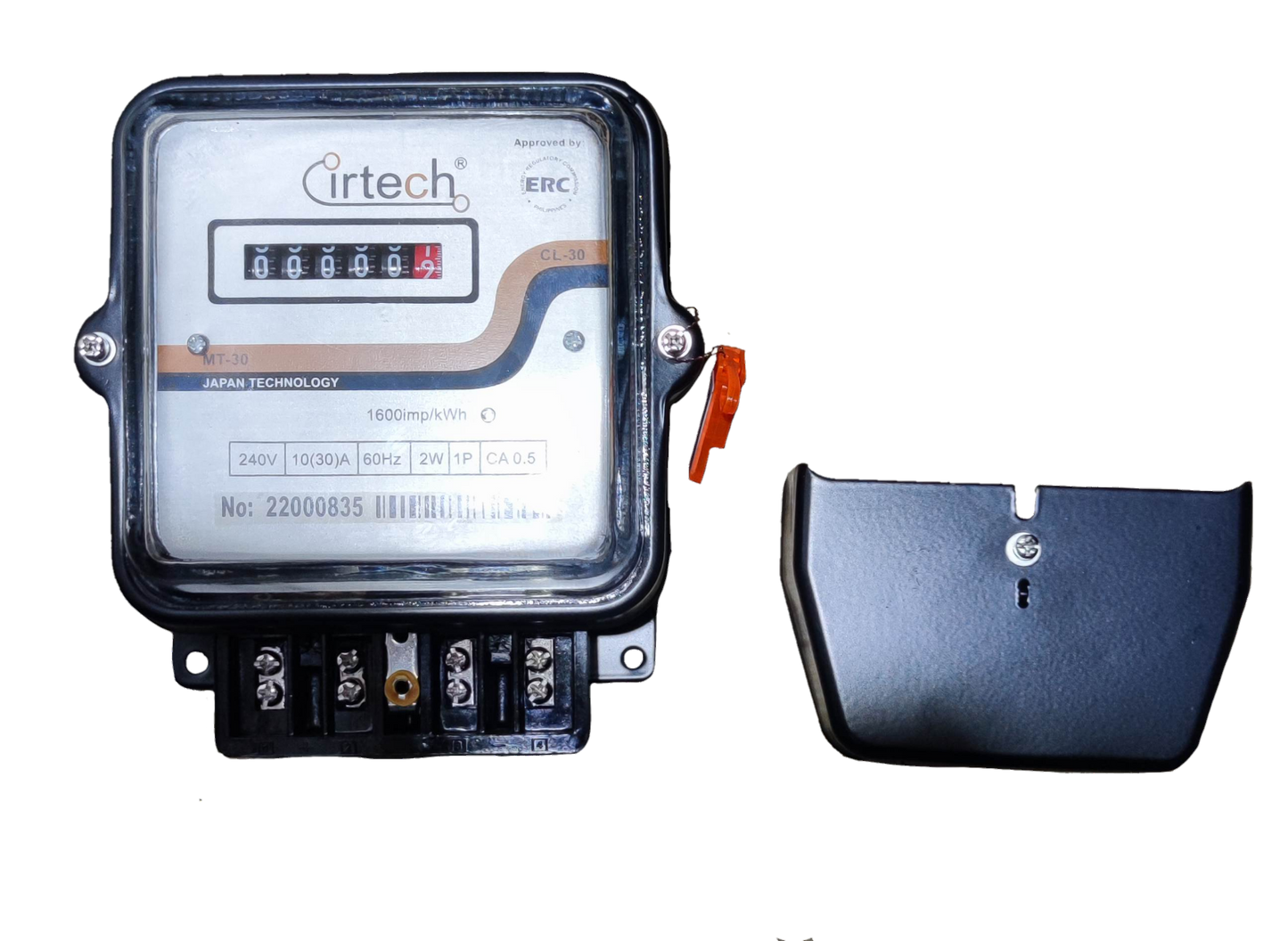 Cirtech KWH meter single phase analog electric meter with clear cover and terminal block next to black plastic cover