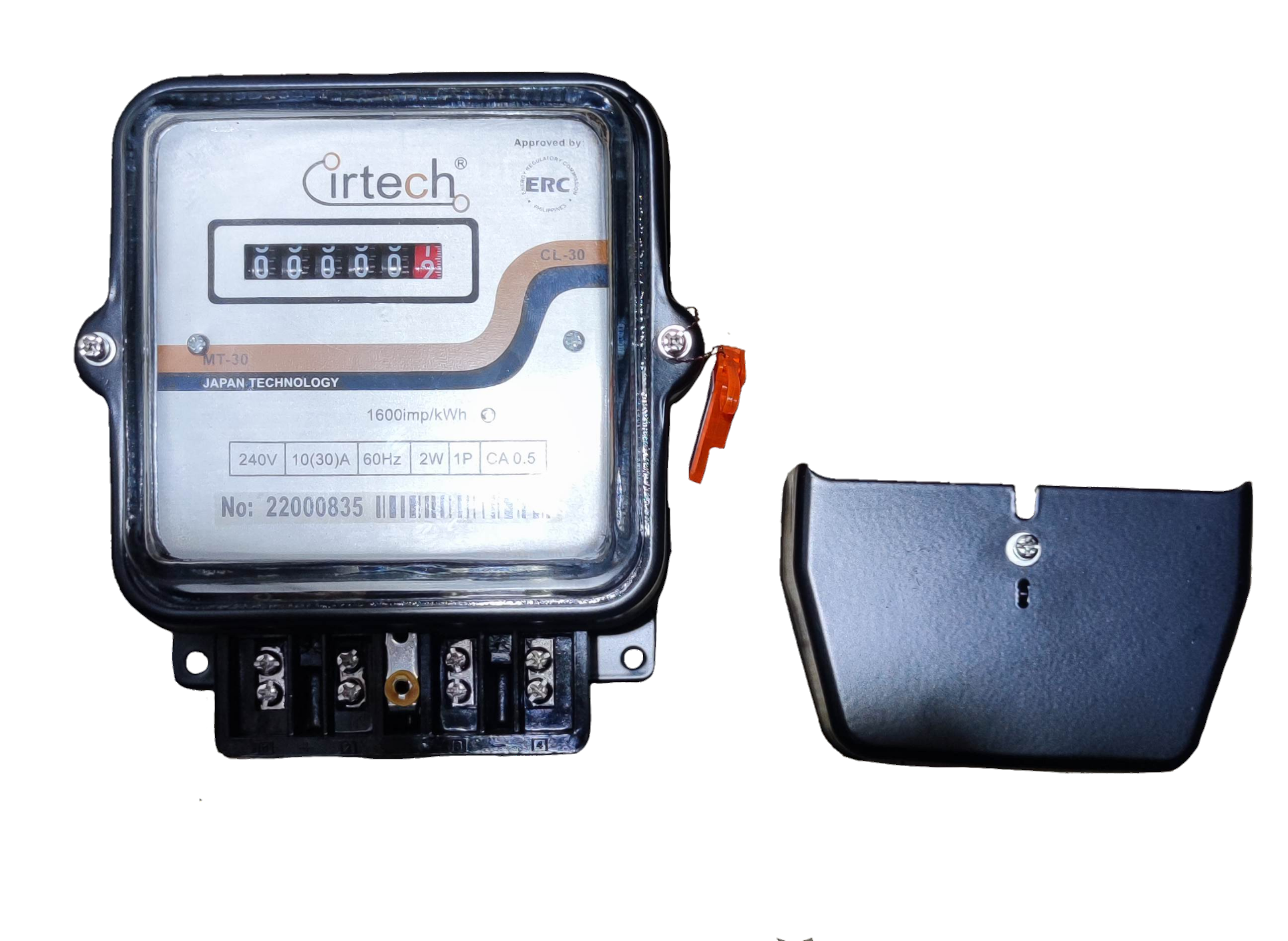 Cirtech KWH meter single phase analog electric meter with clear cover and terminal block next to black plastic cover