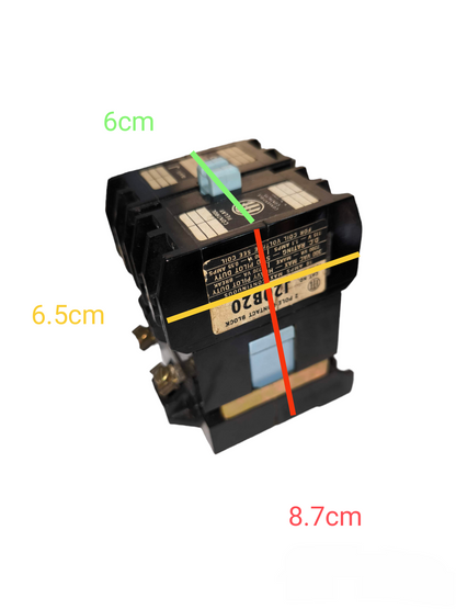 Black Magnetic Contactor 2 Pole 10A with labeled dimensions for electrical power switches and plugs