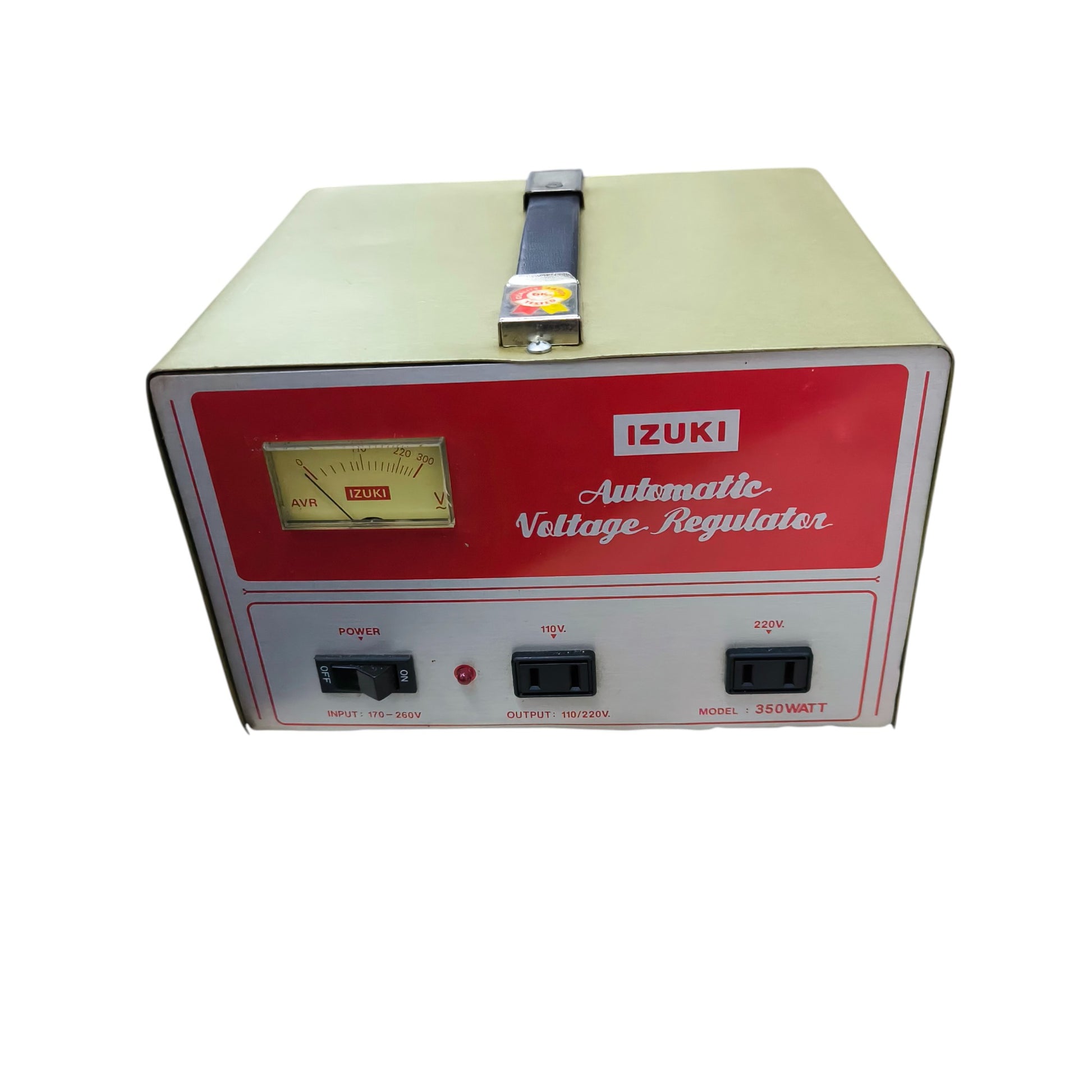 Izuki 350W automatic voltage regulator. Front view showing analog meter power outlets and carrying handle