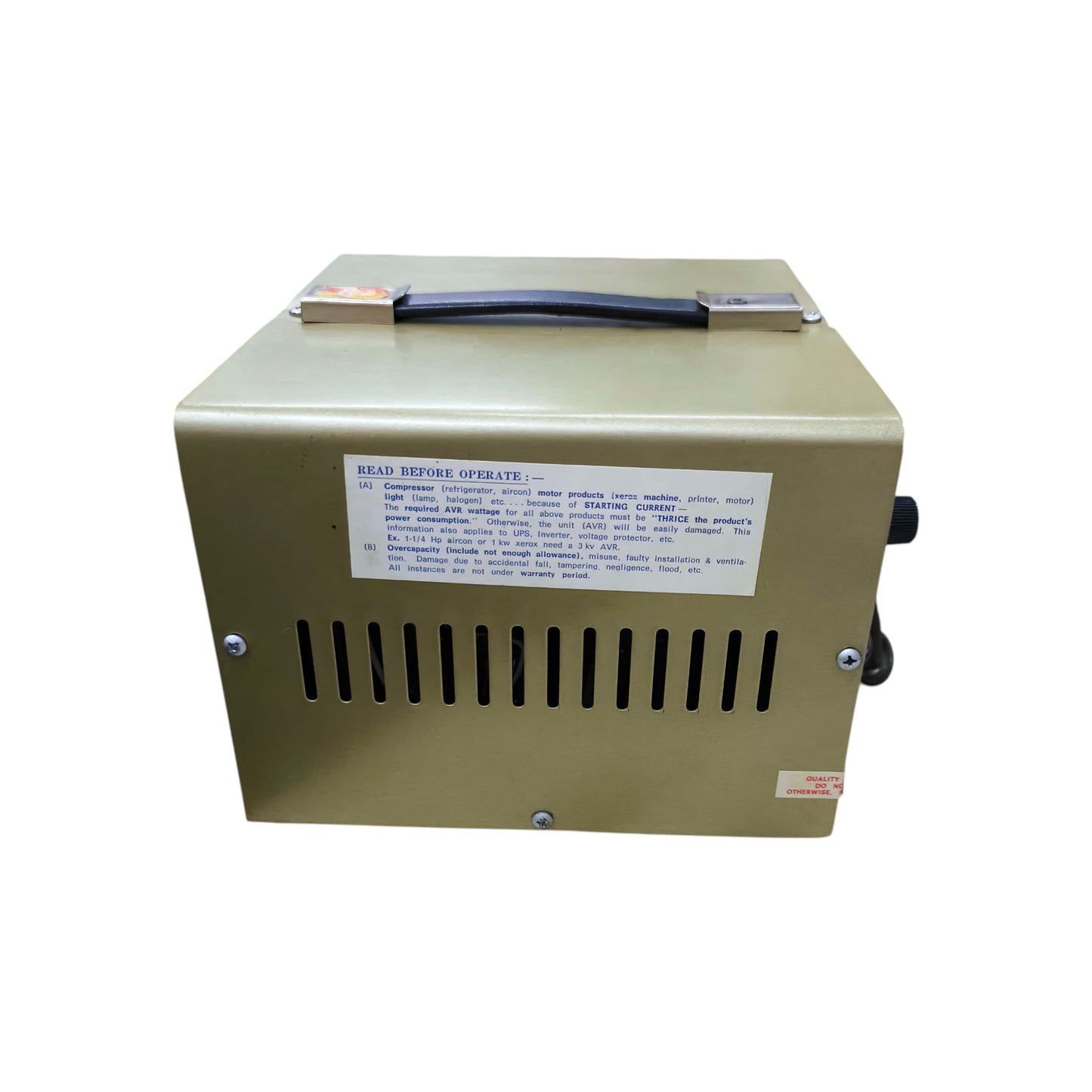 Izuki 350W automatic voltage regulator. Olive metal box with top handle, vents and control knob