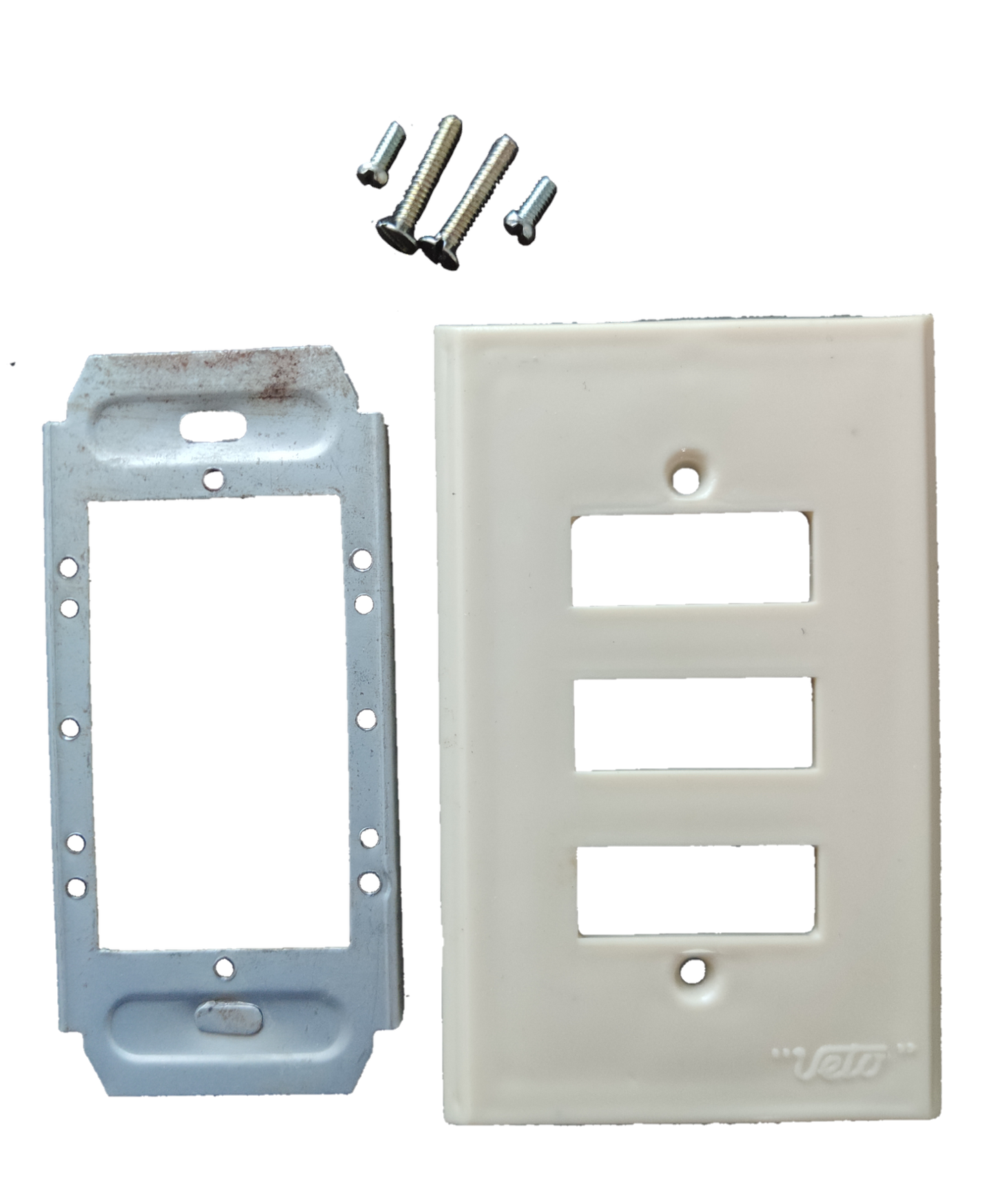 Electx Electrical Supply 3 gang device plate with metal strap and mounting screws on black background