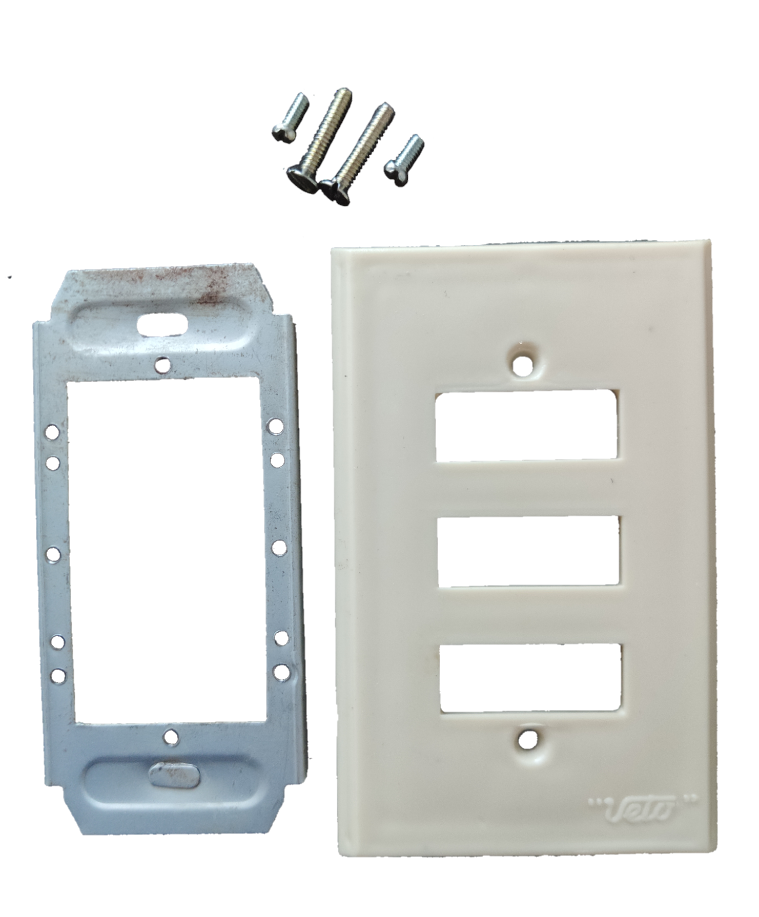 Electx Electrical Supply 3 gang device plate with metal strap and mounting screws on black background