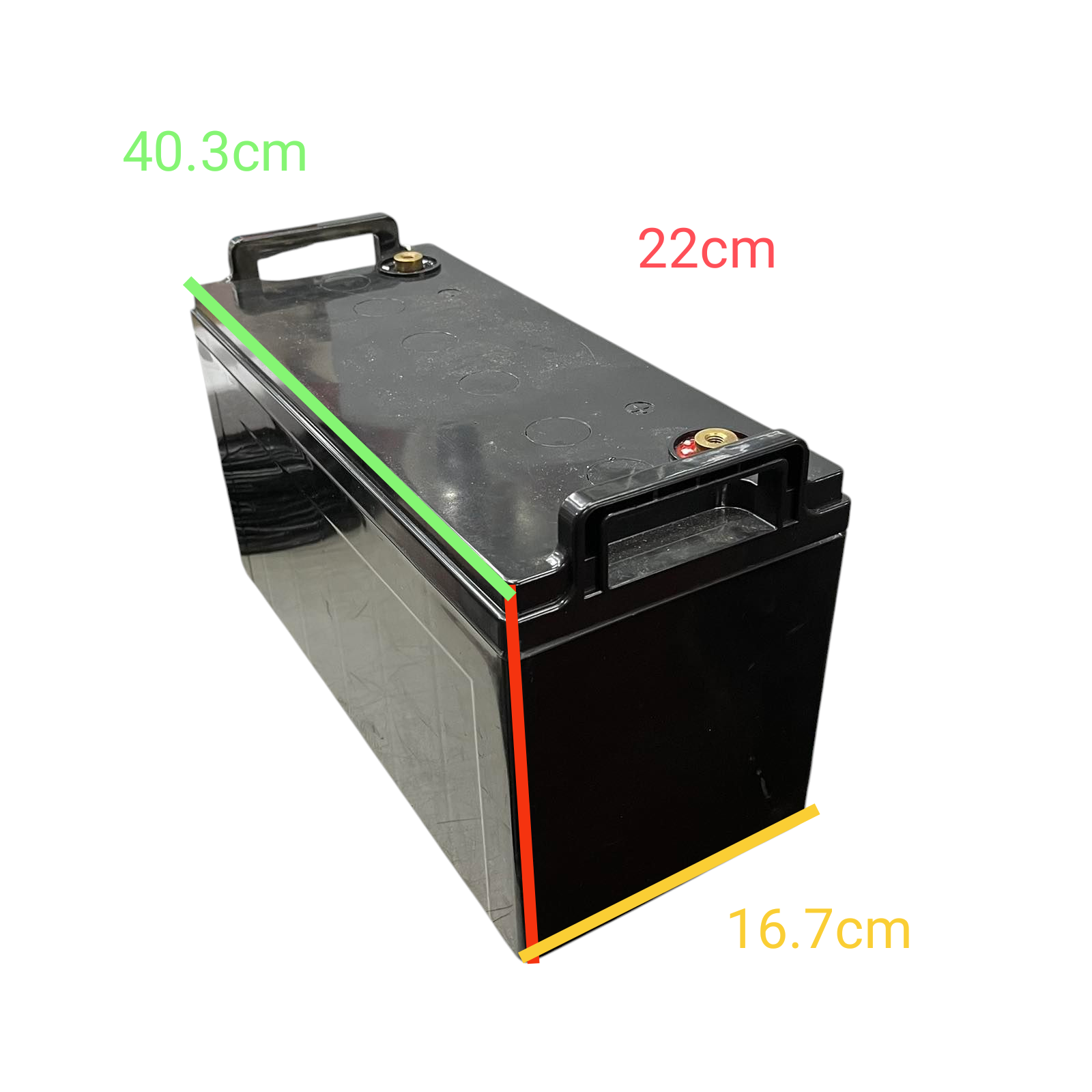 JSL 12V 100AH Lead Acid Battery black rectangular rechargeable battery with handles and dimension markings
