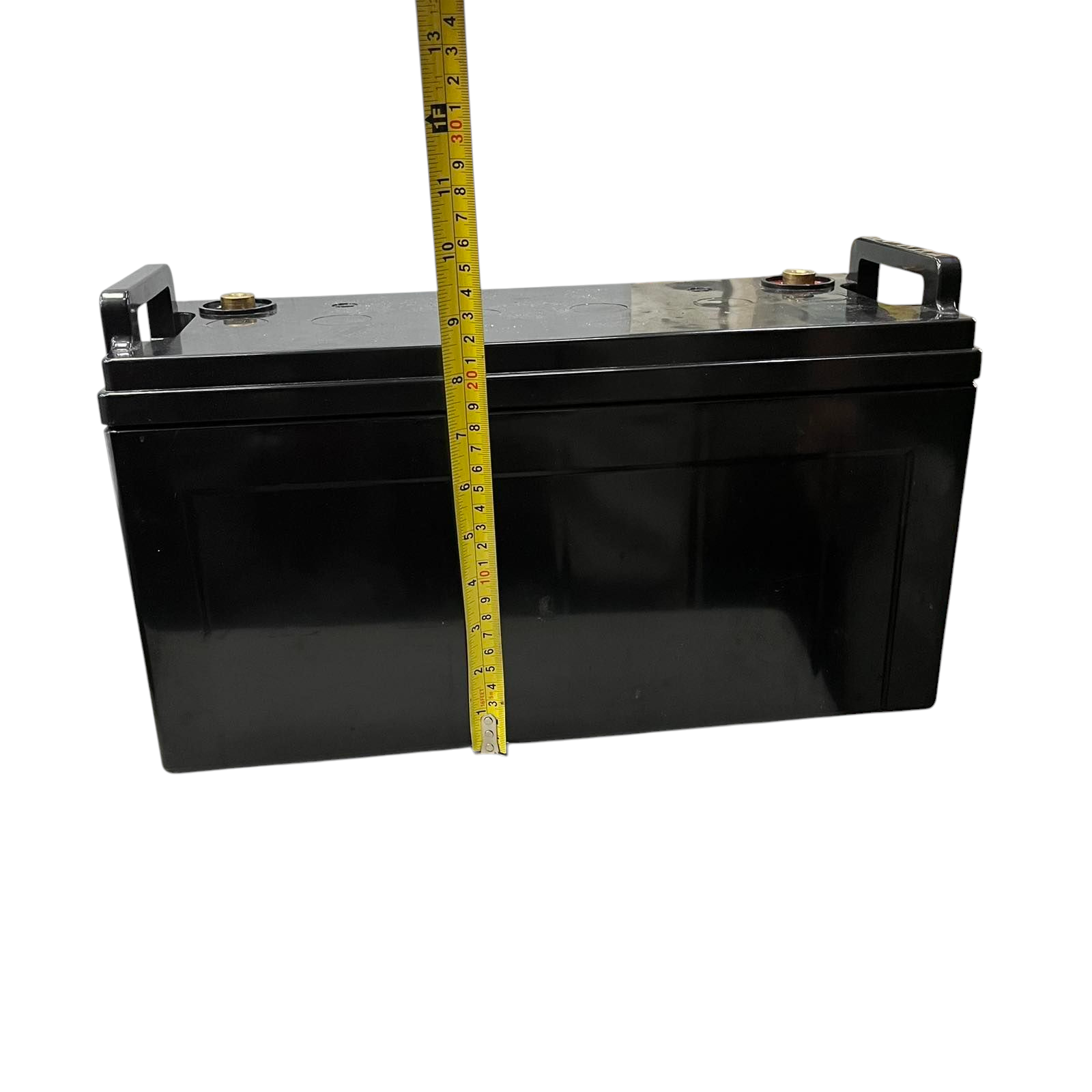 JSL 12V 100AH Lead Acid Battery black rectangular battery with handles and measuring tape