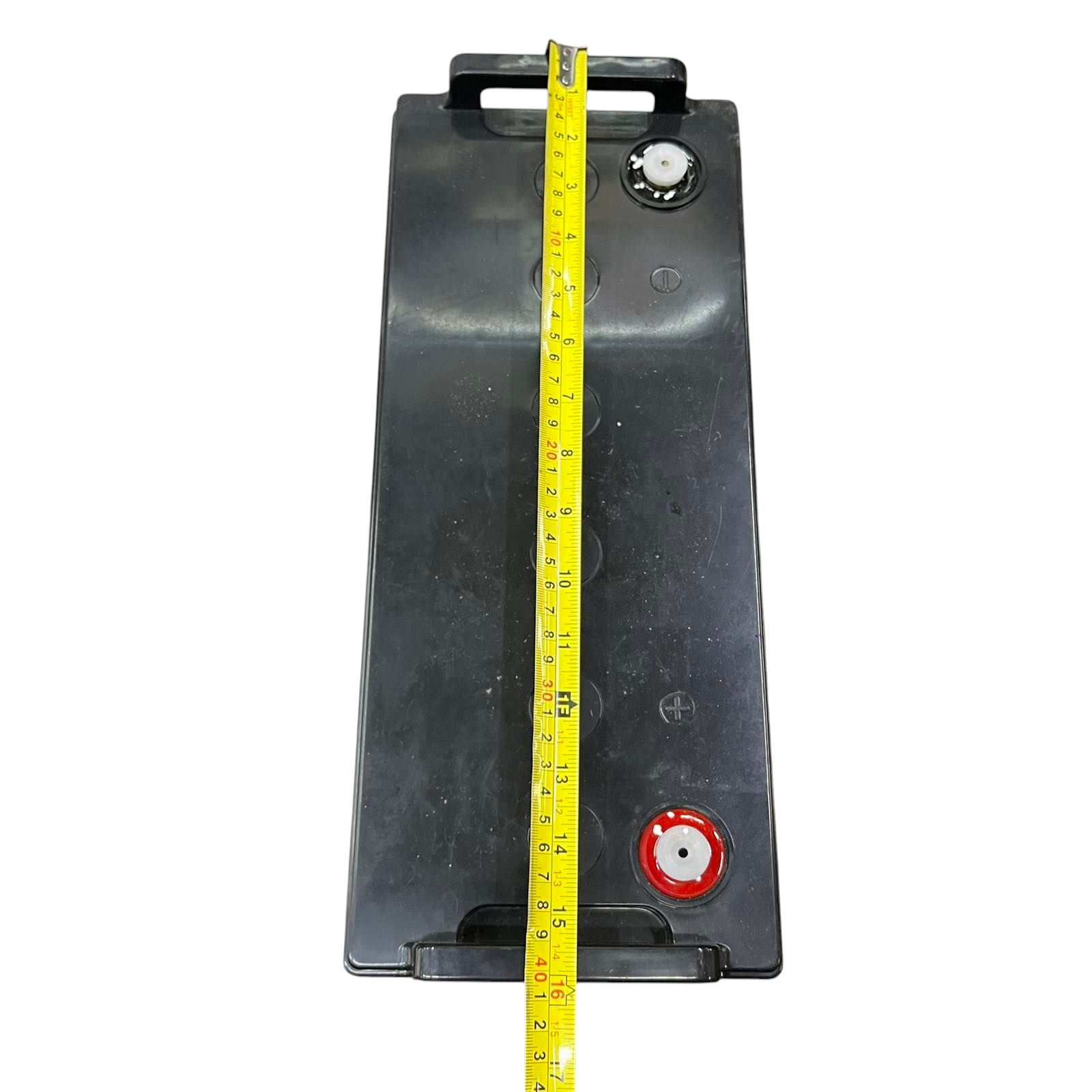 JSL 12V 100AH Lead Acid Battery from China with black casing and measurement tape