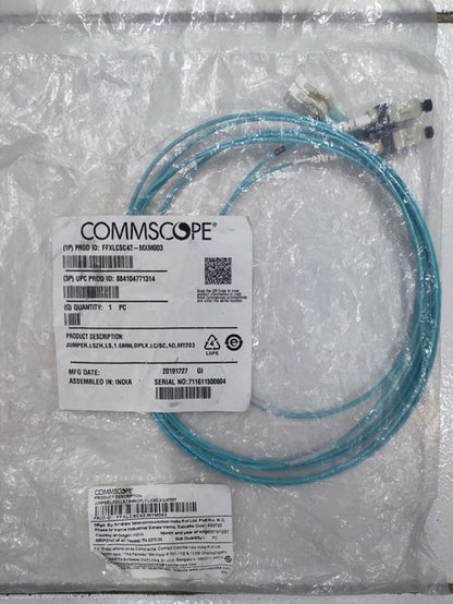 Jumper Fiber Connector Cable by Commscope in blue color packaged in clear plastic bag