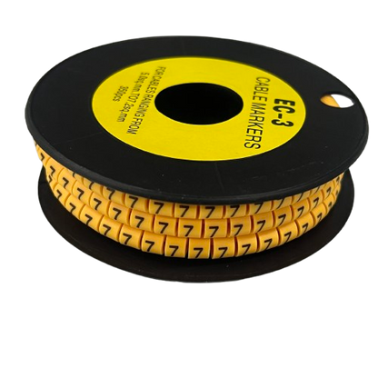 Spool of yellow numeric cable markers showing repeated 7 for wire labeling Cable Marker 7 yellow