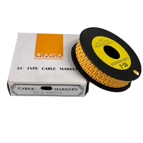 Cable Marker 7 yellow roll on black spool beside white box packaging for cable management from China