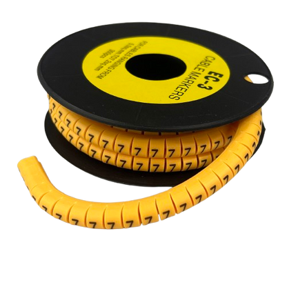 Cable Marker 7 yellow flexible spiral wrap on a black spool with repeated 7 labels for cable identification