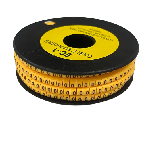 Spool of yellow cable markers for cable management featuring repeated 0 digits for wire labeling 0 Marker 2.6mm to 4.2mm