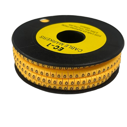 Spool of yellow cable markers for cable management featuring repeated 0 digits for wire labeling 0 Marker 2.6mm to 4.2mm