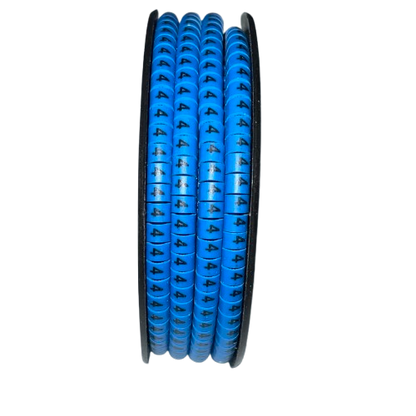 4 Cable Marker Blue spool of numbered blue cable markers with repeated 4 printing for cable management