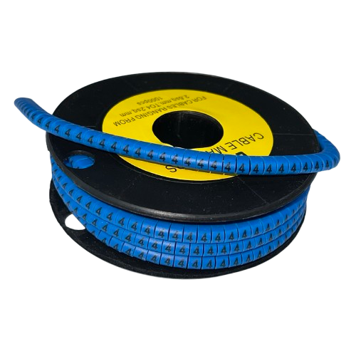 Spool of 4 Cable Marker Blue strips with repeating black 4 printed for cable management organization