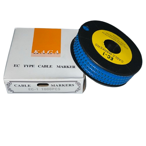 4 Cable Marker Blue spool beside KAGA EC type cable markers box for wiring identification and organization