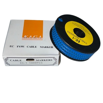 4 Cable Marker Blue spool beside KAGA EC type cable markers box for wiring identification and organization