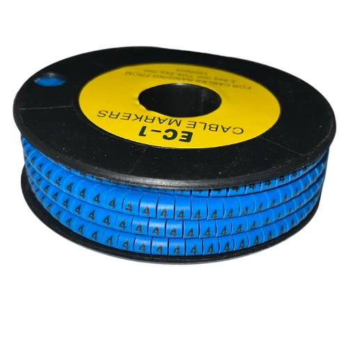 Spool of 4 Cable Marker Blue spiral cable markers with repeated black numeral 4 for wire identification